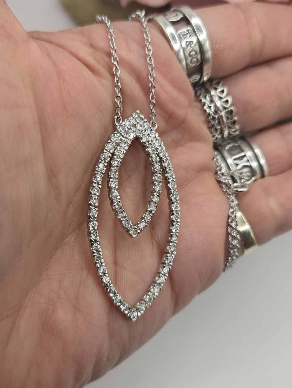 Sterling Silver Clear Cz Stone Double Desing Pendant Necklace